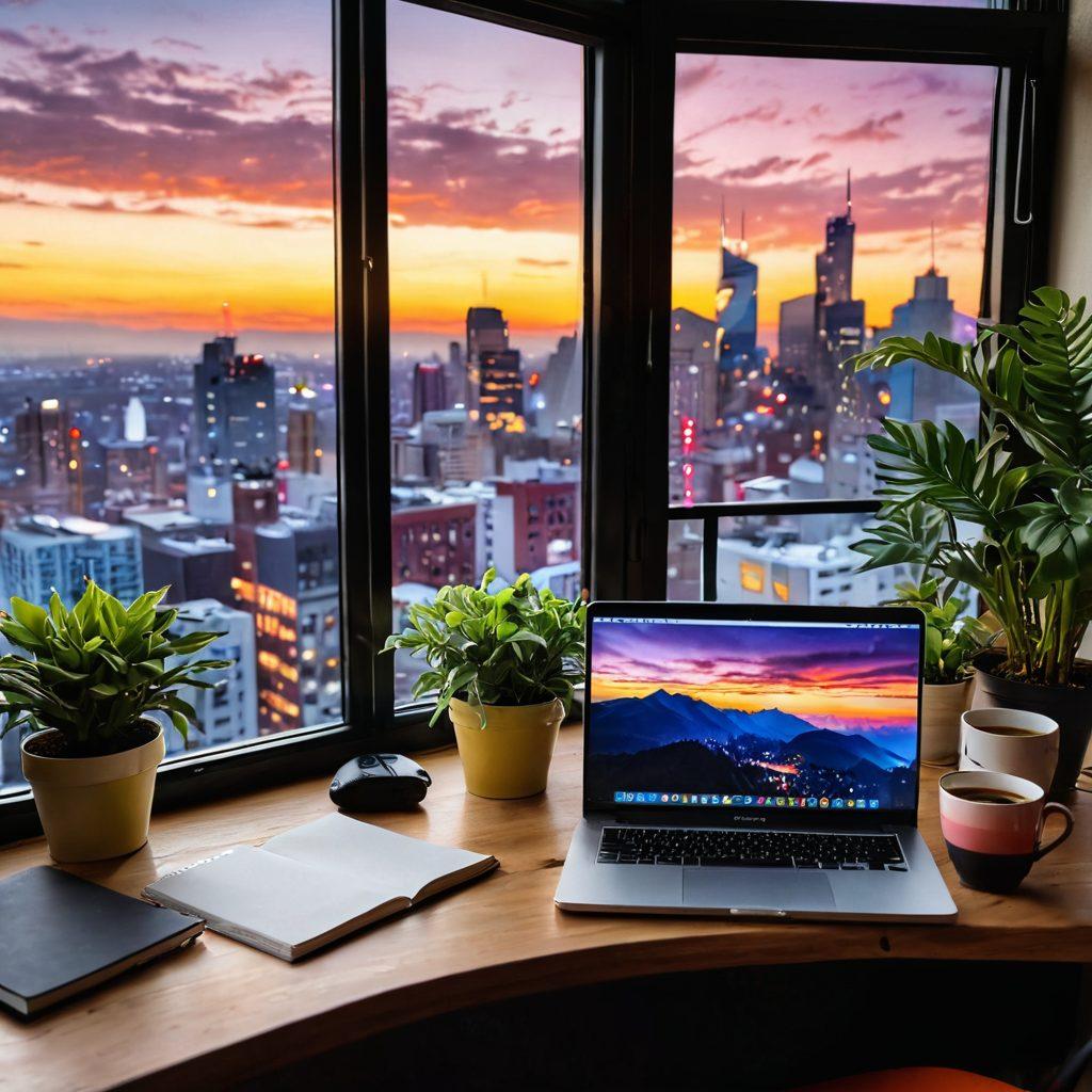 A captivating scene of a cozy workspace with a laptop set up for live streaming, adorned with colorful decorations and plants. The background features a vibrant city skyline through a window, showcasing a sunset sky. Include elements like a steaming coffee cup, notebooks, and camera equipment to emphasize content creation. The mood should be inviting and inspiring, symbolizing the journey of lifestyle blogging and live streaming. super-realistic. vibrant colors. cozy atmosphere.