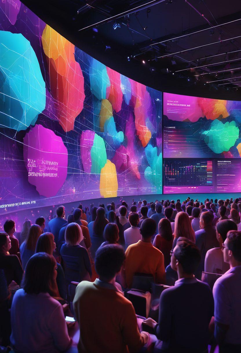 A dynamic scene of a diverse group of people gathered around a large screen displaying real-time streaming content, with colorful graphs and engaging visuals. The audience shows various expressions of interest and connection, symbolizing inspiration and engagement. Include vibrant lighting to enhance the atmosphere, depicting excitement and creativity. modern digital art. vibrant colors. 3D.